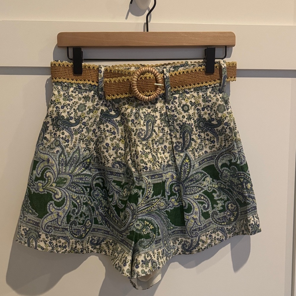 Zimmermann Ottie Tuck Linen High Waist Short with belt